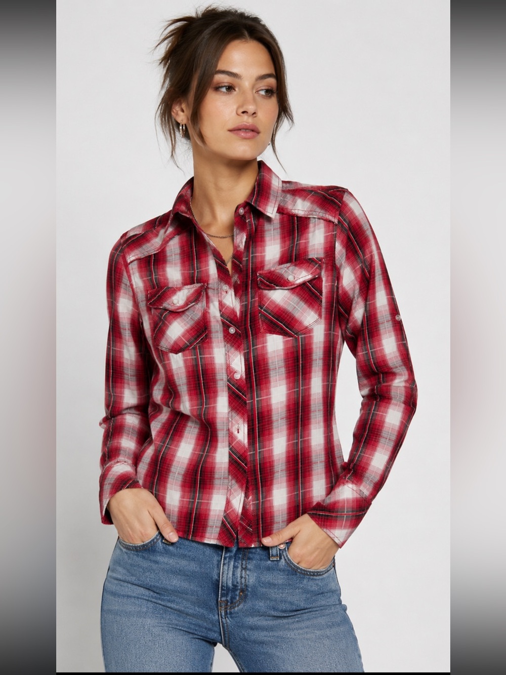 Carbon Red Plaid Western Shirt Small Pearl Snap Y2K Slim Fit rodeo, grunge